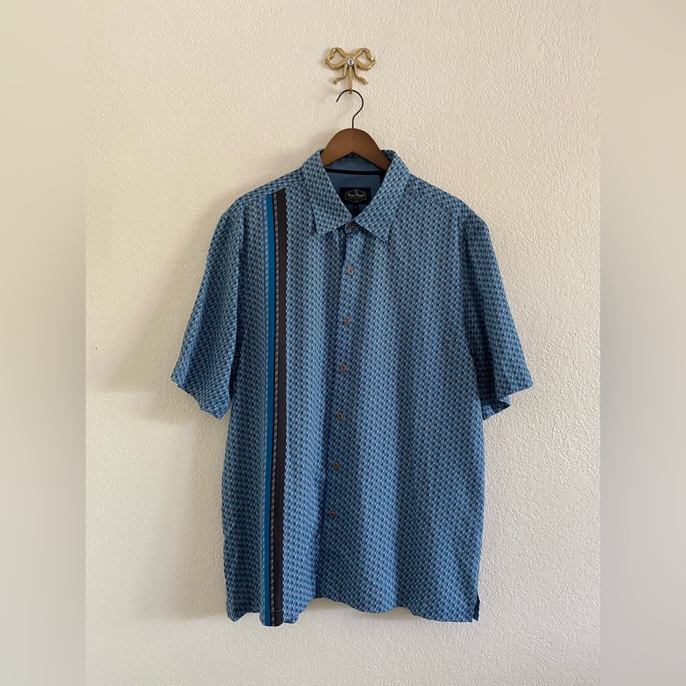 Nat Nast Blue Shirt Men Silk Blend Button Up Short Sleeve Geometric Print L